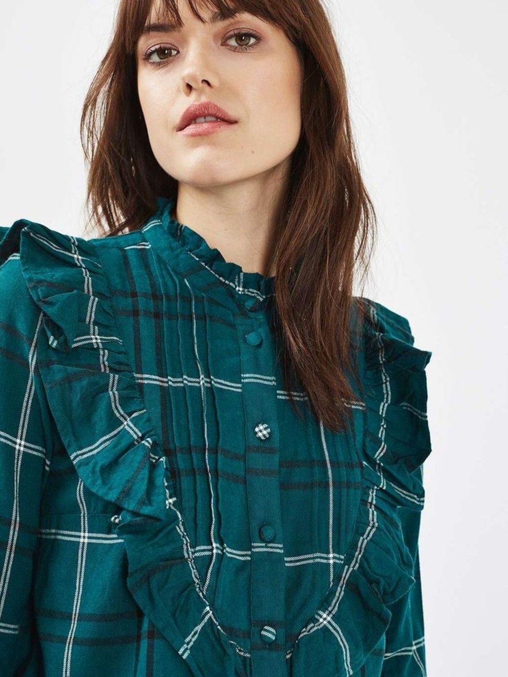 Topshop Teal Plaid Ruffle Button-Down Shirt